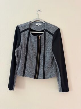 Vintage Black & Gray Herringbone Zip-Front Blazer Jacket